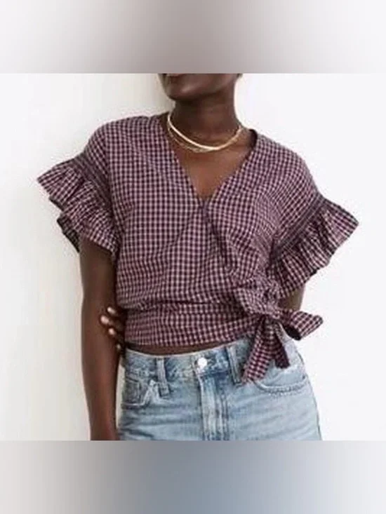 Madewell Wrap Top w Ruffle Sleeves & Red and Blue Gingham design - Picture 3 of 3